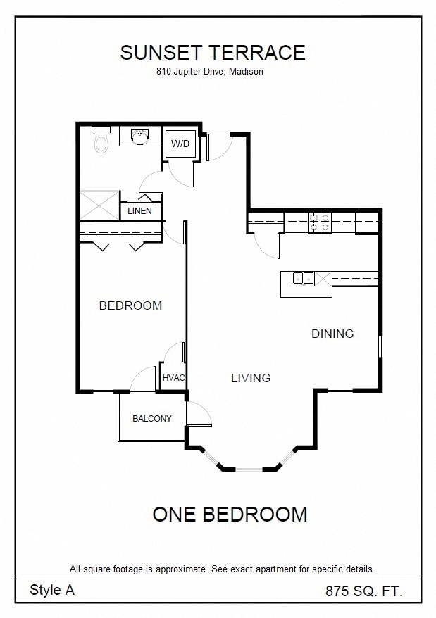 Floor plan for 1 bed, 1 bath, 875 sqft